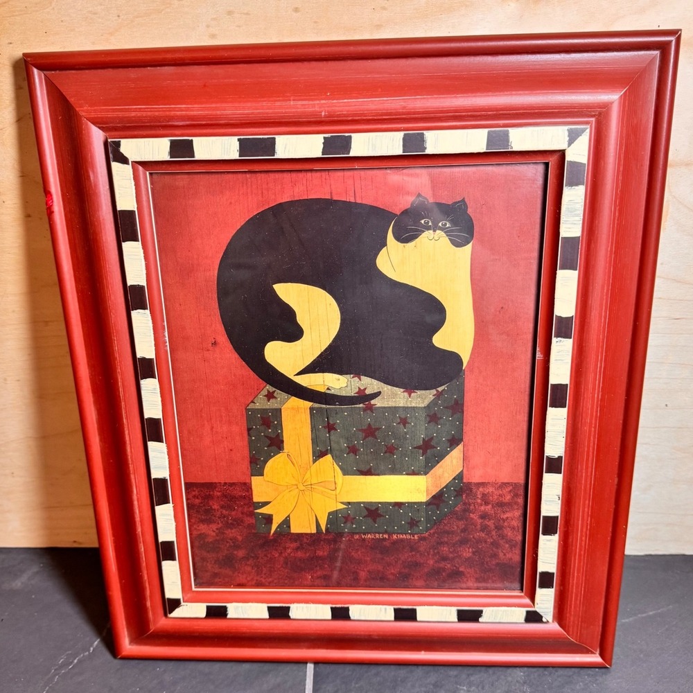 Warren Kimble Cat on Gift Box Folk Art Custom Hand Painted Frame Print Red Black